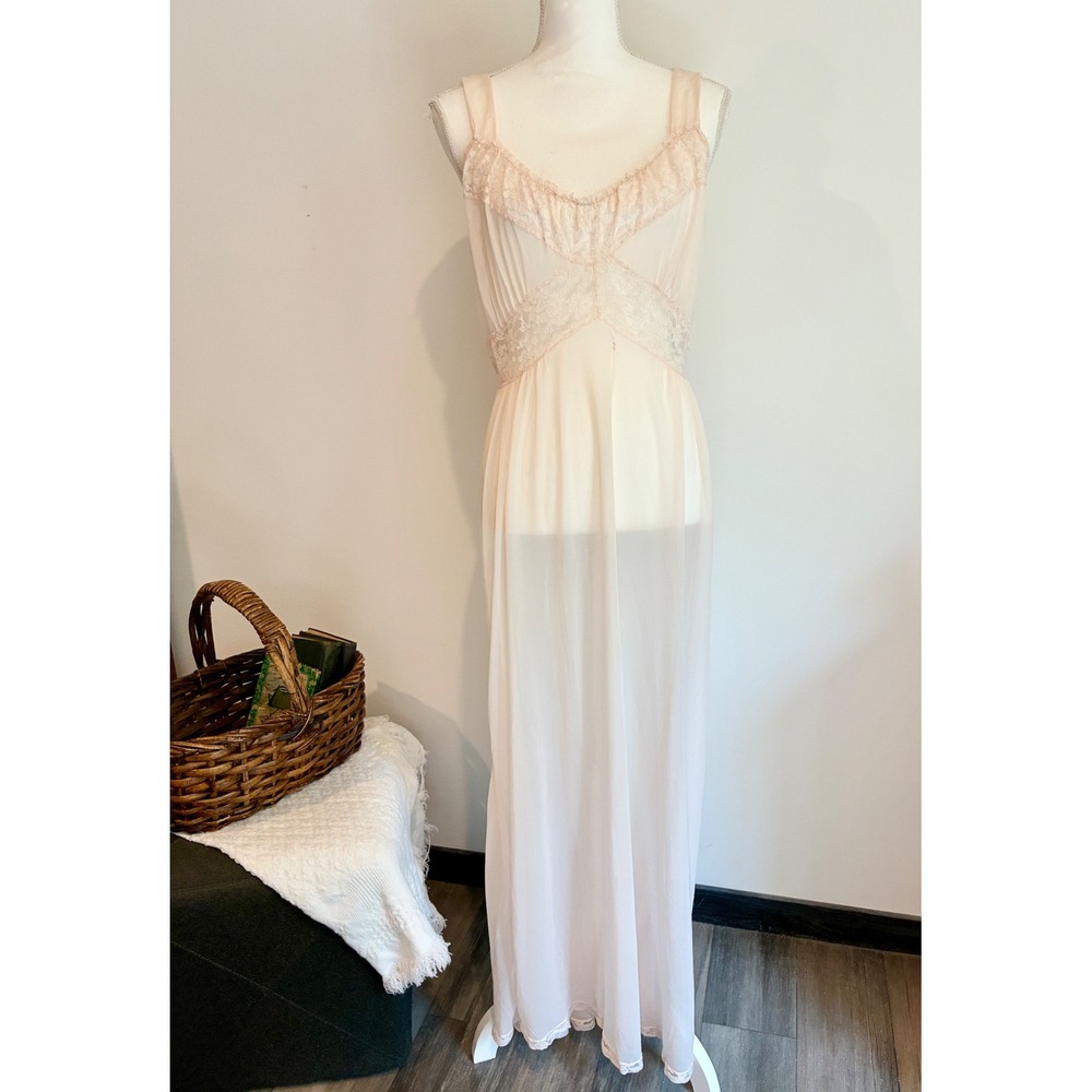 Vintage Kayser Nightgown Size 38" Bust Pink Nylon Lace Sheer Maxi Gown Lingerie